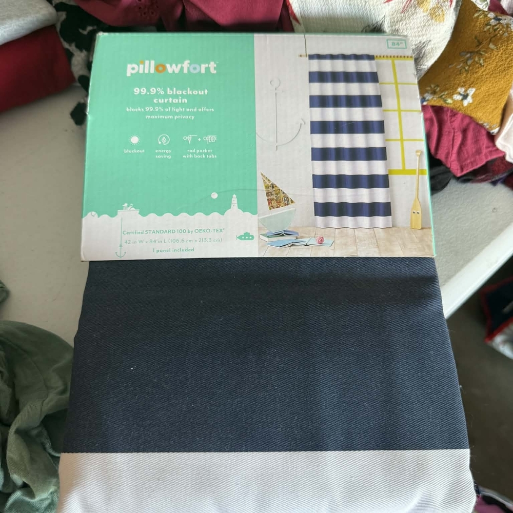 Pillowfort Navy and White Striped Blackout Curtain Panel